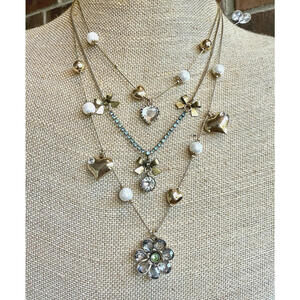 🌟 Rare Vintage Betsey Johnson Daisy Blue Green Crystal 3 Strand Necklace